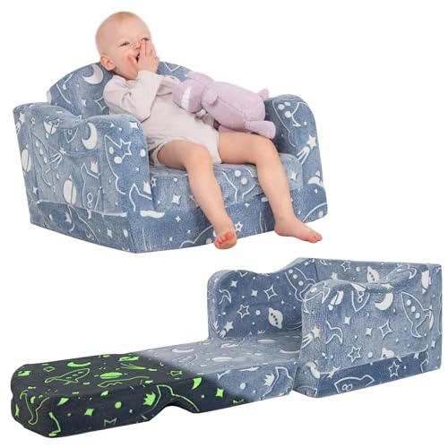 Thick Comfy Toddler Chair and Couch for Kids，2-in-1 Soft Plush Fold Out Sofa for Children，Convertible Couch to Lounger for Toddler