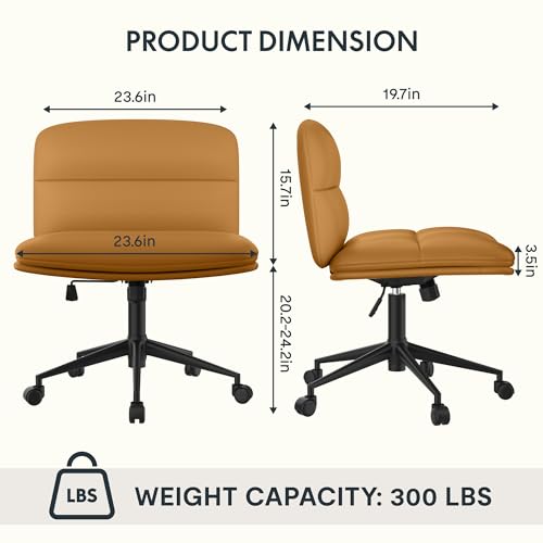 FLEXISPOT Cross Legged Office Chair for Vanity Desk Criss Cross Chair with Wheels Armless Office Chair Vanity Chair Comfy Wide Seat Cushion PU Leather(Brown)