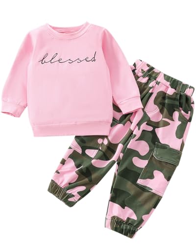 Yvowming Toddler Girl Clothes Kids Long Sleeve Sweatshirt & Camouflage Pants Baby Girl Fall Outfits Winter Sweatsuit (Light Pink, 6-12 Months)