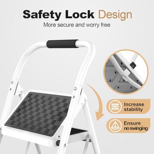 HBTower Step Ladder, 2 Step Stool for Adults,2 Step Ladder Folding Step Stool with Cushioned Handle,330 lbs Capacity,Step Ladder with Wide Anti-Slip Pedal Ergonomic Design,White