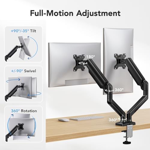 HUANUO Dual Monitor Mount for 2 Monitors up to 32 inches, Each Arm Holds Max 22lbs, Dual Monitor Stand with Gas Spring System, Height-Adjustable/Tilt/Swivel/Rotate, VESA Standard 75mm or 100mm