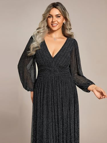 Ever-Pretty Women's Glitter Long Sleeves V Neck Pleated Empire Waist Floor Length Plus Size Formal Dresses Evening Gowns Black US16