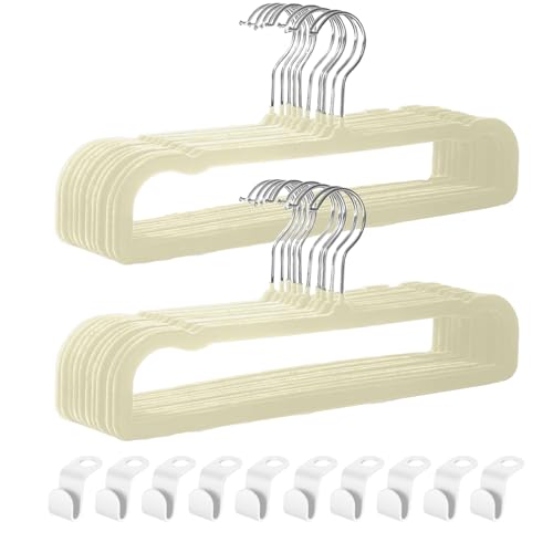 Pants Hangers Non Slip - 20 Pack Velvet Hangers for Closet - Thin Space Saving Clothes Hanger - Strong, Durable, Jean Hangers with 360 Degree Rotatable Hook, Tank Top Hangers for Bra, Shorts (Beige)