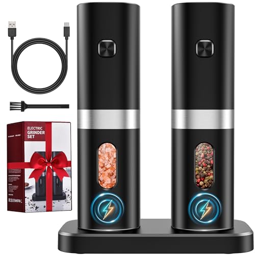 COSYAIREY Electric Salt and Pepper Grinder Set, 2024 New Rechargeable Salt and Pepper Mill with 4*Rechargeable Batteries, Charging Base, White Light, One Hand Automatic Operation, Black, 2Pack