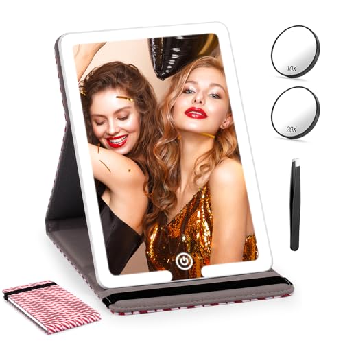 Travel Mirror with Light and Round 10X 20X Magnifying Mirror, PU Leather Travel Makeup Mirror with 3 Light Settings, Portable LED Lighted Makeup Mirror of 8 * 5.5inch, with 2000mAh