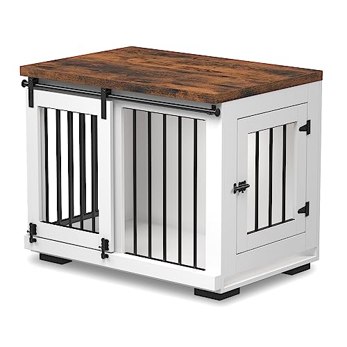 Zakkart Dog Crate Furniture Barn Door for Medium Dogs Up to 40 lbs. - Puppy Kennel w/Thickened Farmhouse Top & Steel Bars - 30'' Wide - White Decorative Modern Dog Crate Table, End Table, Nightstand