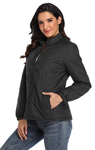 PEIQI Quilted Jacket for Women Outwear Puffer Zip-up Stand Collar Padded Jacket Winter Coat with Pockets Black X-Small