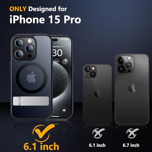 SPIDERCASE Magnetic for iPhone 15 Pro Case, with 2 Pcs [Tempered Glass Screen Protector+Camera Lens Protector] [Military Drop Protection] [Not Yellowing] Kickstand Slim Case for iPhone 15 Pro (Black)