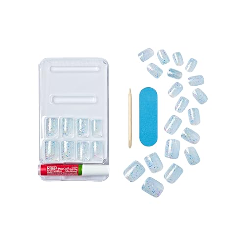 KISS Gel Fantasy Dreamdust, Press-On Nails, Nail glue included, 'Mood Dust', Light White, Short Size, Coffin Shape, Includes 28 Nails, 2G Glue, 1 Manicure Stick, 1 Mini File