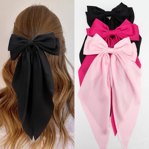 SuPoo 3pcs Red Satin Silk Hair Barrettes - Big Bowknot Coquette Accessories with Long-tail Aesthetic for Women's Hair