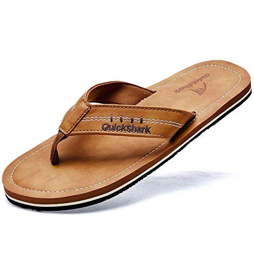 Quickshark Mens Flip Flops Leather Sandals Lightweight Beach Slippers Arch Support AKhaki Size 16