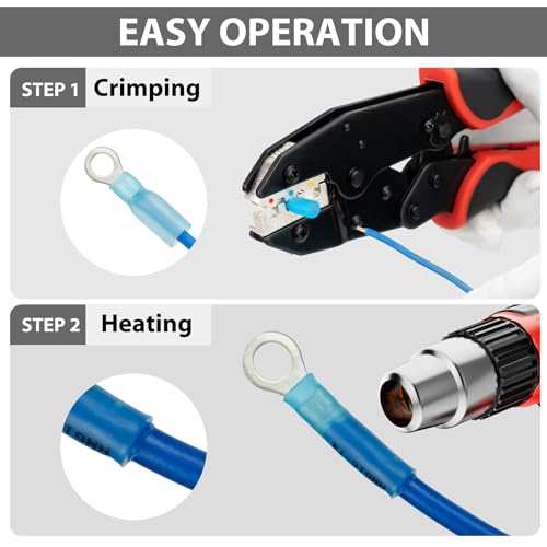 Sanuke 105Pcs 22-16 AWG - 1/4" Heat Shrink Ring Terminals 0.7mm Tinned Pure-Copper Marine Grade Waterproof Heat Shrink Wire Connectors Red