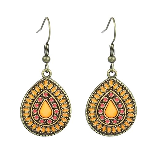 Handmade Boho Teardrop Earrings for WomenUnique Tribal Ethnic Colorful Vintage Antique Enamel Waterdrop Dangle Drop Statement Earrings All-match Sculpted Water Drop Jewelry Gifts (Orange)