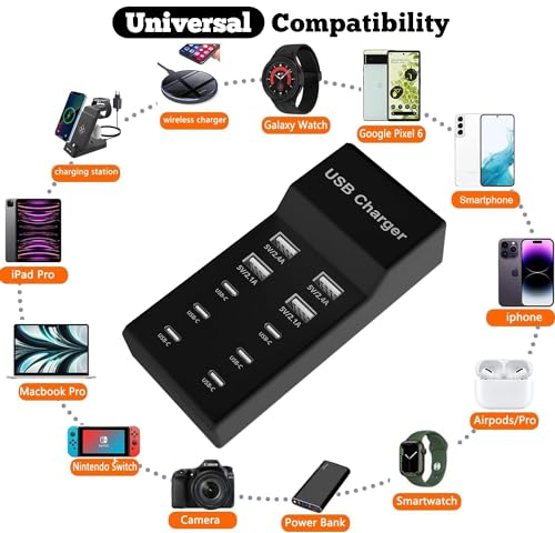 USB C Charger,10 Ports USB Charger Station with 6 Ports USB-C Charger, Desktop 50W Multi Port USB Charger Compatible with iPhone/Huawei/LG/Google Pixel/Tablet/Other Devices.(Black)