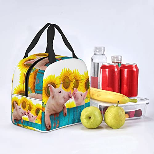 VOOHDDY Funny Pig Sunflower Wood Insulated Lunch Bag For Men Women Reusable Lunch Box Container Waterproof Portable Cooler Thermal Tote Bag For Work Office Picnic Beach Travel