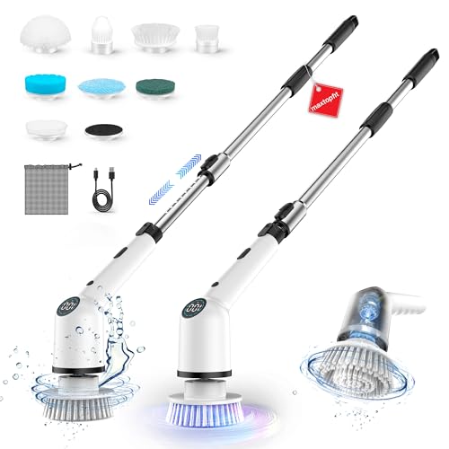 Electric Spin Scrubber, Cordless Shower Scrubber with Long Handle and 8 Replacement Heads, Power Cleaning Brush with 3 Adjustable Speeds for Bathroom Grout Bathtub Tile Floor, Black