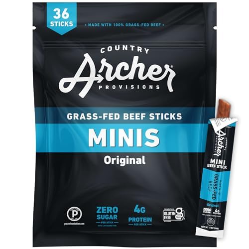 Country Archer Mini Beef Jerky Sticks - Grass Fed Beef Sticks Individually Wrapped, Mini Beef Sticks Bulk, Beef Jerky Snack Packs, Gluten Free, Paleo, Keto - .5 oz Meat Sticks (Pack of 36)