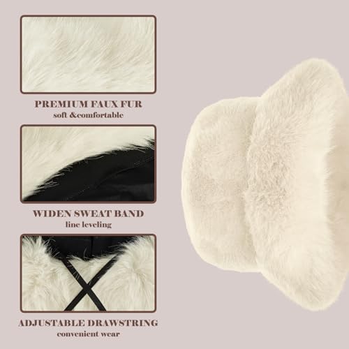 Yonchic Winter Soft Faux Fur Plush Bucket Hat, Lovely Fuzzy Fisherman Cap, Fashion Outdoor Thick Warm Sun Cap for Women (Beige)