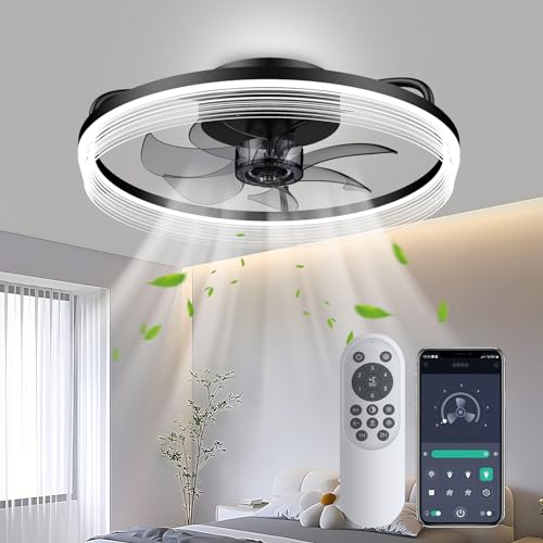 Mcestna Ceiling Fan with Light - Low Profile Ceiling Fan with Remote/App Control 20 Inch Bladeless Flush Mount Ceiling Fan with Light for Bedroom Living Room