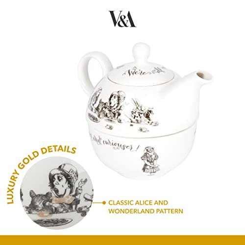 CREATIVE TOPS Tea for One Teapot and Cup Set in Gift Box, Fine China, 250 ml, Gold,white, Alice in Wonderland themed