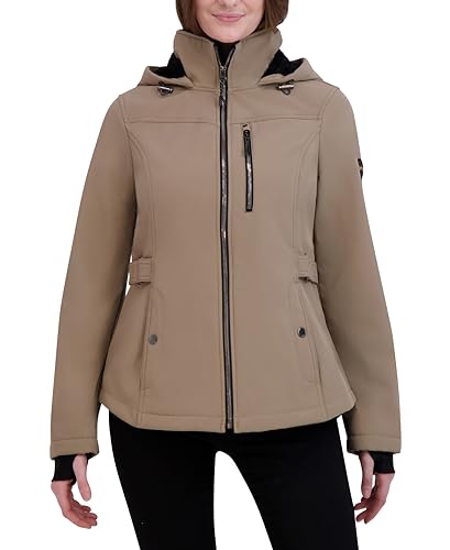 HFX Women's Softshell Power Stretch Fur Lining Jacket with Adjustable Hood, Beige