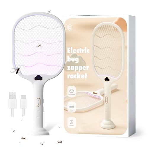 Electric Fly Swatter Racket buzzkick Foldable Bug Zapper Racket Portable 3 In 1 Fly Swatter Electric With USB Rechargeable Base 3500V Dual Mode Mosquito Killer For Indoor Home Kitchen Bedroom Backyard