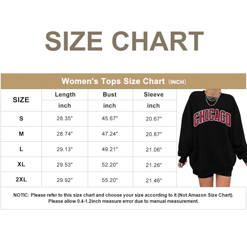 DOOLECK Women's Letter Graphic Print Sweatshirt Cute Chicago Oversized Pullover Crewneck Long Sleeve Tops for Teen Girl