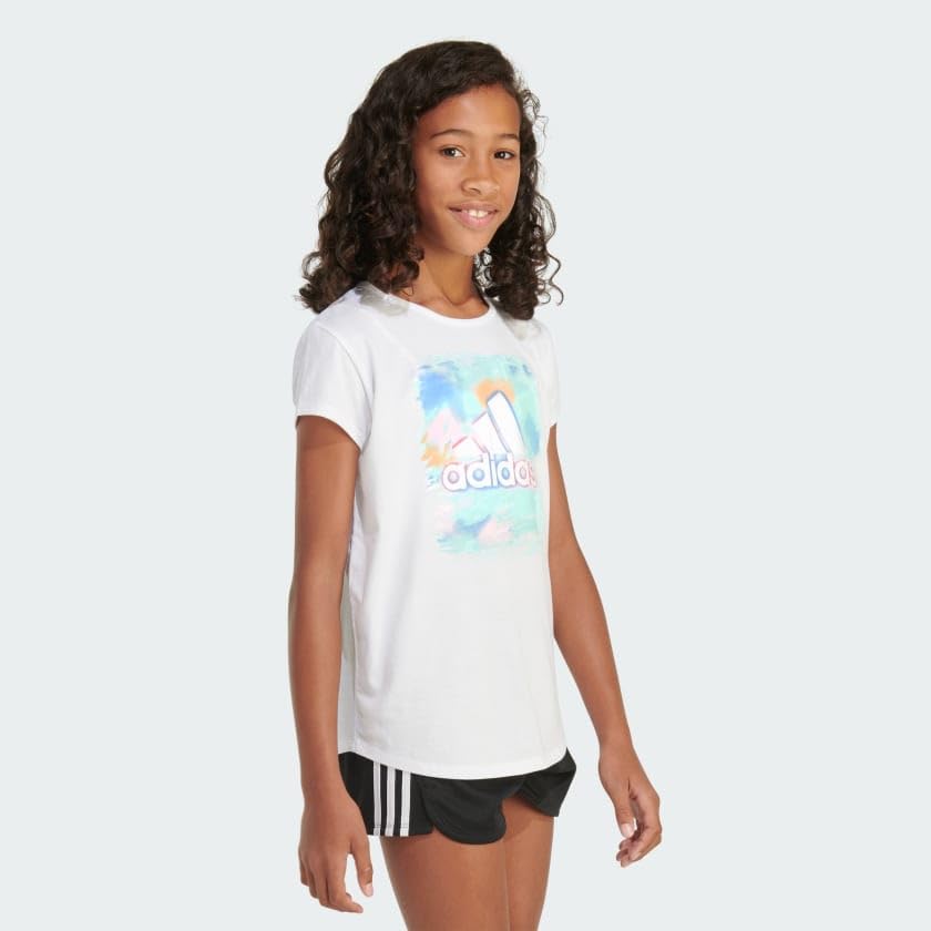 adidas Girls' Short Sleeve Cotton Scoop Neck Tee T-Shirt, White Floral