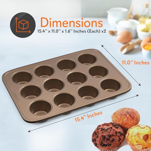 NutriChef 2-Piece Nonstick Muffin Pan Set - Carbon Steel Cupcake Baking Pans with 12 Cups - 15 inch x 11 inch Baking Tray Set - Gold