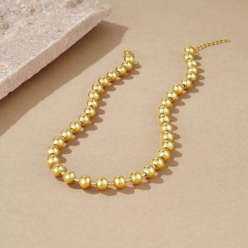 KissYan Gold Beaded Necklace for Women, 14K Gold Plated Adjustable High-Polished Basic Metal Ball Bead Chain Choker Necklace Minimalist Fashion Jewelry Gifts (Huge)