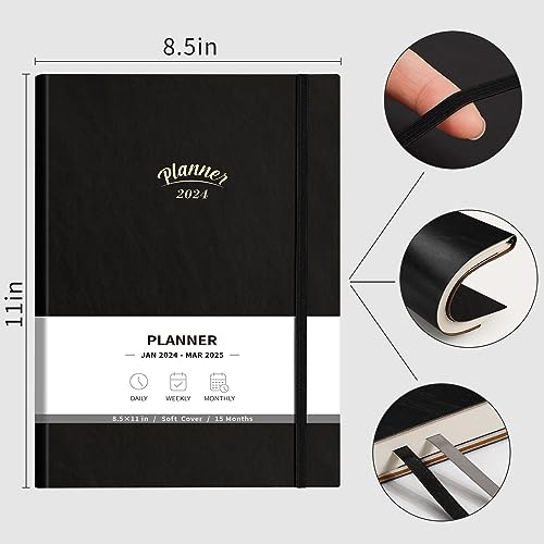 RETTACY 2024 Planner - Calendar 2024 Planner, Planner 2024-2025 Daily Weekly and Monthly, Jan 2024 - Mar 2025, 100 GSM Premium Acid-Free Paper, Leather Softcover, 8.5" × 11" (Black)