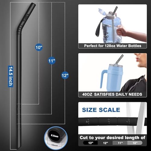 WALFOS Extra Long Reusable Silicone Straws 14.5 inch, Big Sizes Flexible Bendy Straws for 1/Half Gallon Large Water Bottles, 128 75 64 40 OZ Tumbler with Cleaning Brush (6-Pack)