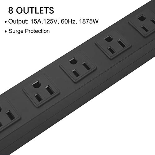 Metal 8 Outlet Mountable Power Strip, Wall Mount Outlet Power Strip Heavy Duty, Wide Spaced Commercial Shop Power Strip with Switch, 15A 125V 1875W, 3.28 FT SJT 14AWG Power Cord (3.28FT) Black