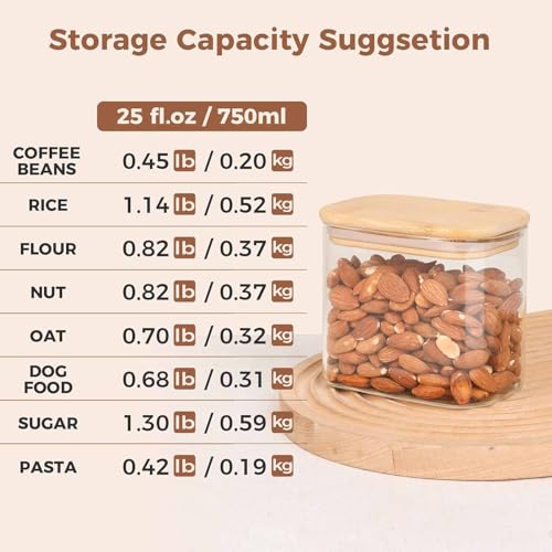 ComSaf 26oz Rectangle Glass Storage Containers with Lids, Glass Jars with Bamboo Lids, Clear Food Storage Jar, Sugar Coffee Containers, Small Pantry Storage Container for Tea Candy Nuts Spices Oat