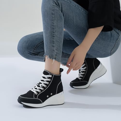 Cestfini High Top Wedge Sneakers for Women Breathable Fashion Platform Sneakers Lace up Womens Canvas Shoes W143-RTW15-BLUE Flower-6