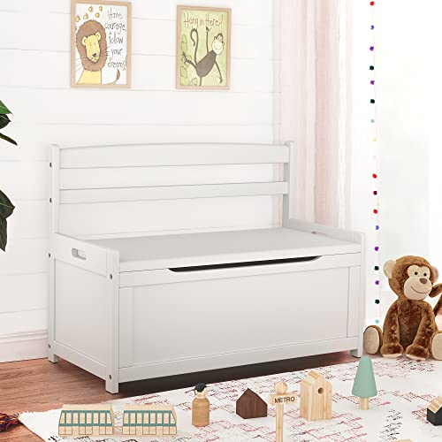 Curipeer Kids Toy Box Chest, Gray Rubber Wood Toy Box for Boys Girls, Large Storage Cabinet with Cushion Seat Bench/Flip-Top Lid/Safety Hinge, Toy Storage Organizer Trunk for Nursery, Playroom