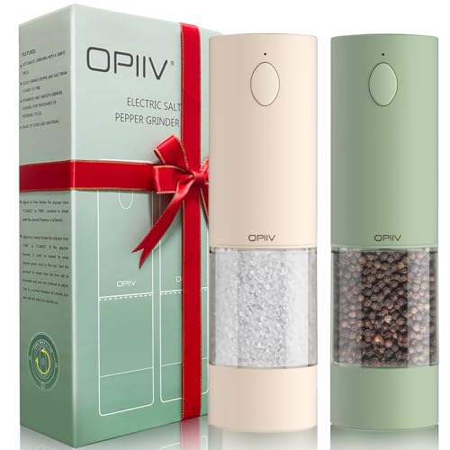 OPIIV 2 Pack Electric Salt and Pepper Grinder Set - USB Rechargeable Automatic Salt Pepper Mill Shaker with LED Light, Adjustable Coarseness, One Hand Operation