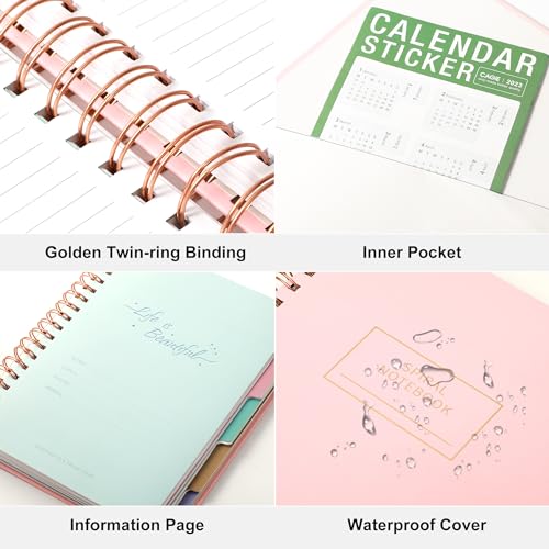 Hardcover Spiral Notebook with Tabs 7"x10" Large Spiral Lined Journals for Women with Dividers 240 Pages College Ruled Composition Notebook 5 Subject Notebook for Work, Back to School, Gifts, Pink