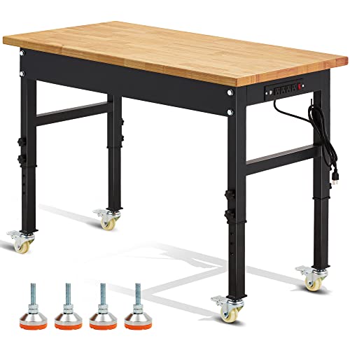 Antifir 48" Adjustable Workbench,Heavy Duty Workstation with Rubber Wood Top, 2000 LBS Load Capacity Hardwood Garage Workbench for Garage,Office,Workshop,Home, Easy Assembly