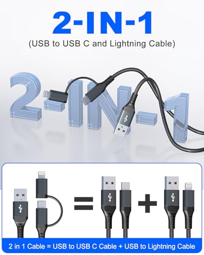 USB to USB C and Lightning Cable 2 in 1-3A Fast Charging & Data Sync Apple CarPlay & Android Auto Coiled Lightning and USB C Cable for iPhone 15 Plus 14 13 12 11 Pro/max/USB C Android Smartphones