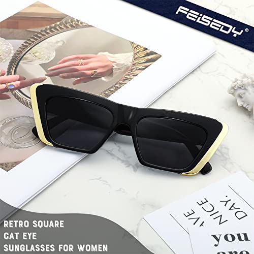 FEISEDY Retro Sunglasses for Women Men Vintage Cat Eye Fashion Metal Square 70s Frame Classic UV Protection Sun Glasses B2966