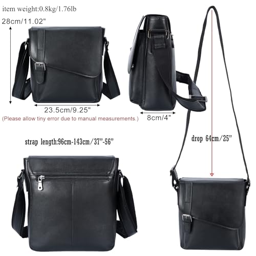 Masa Kawa Men's Black Leather Messenger Bag Retro Small Crossbody Shoulder Bag for Men Women Flap Over Man Purse Fits 10 Inch Tablet