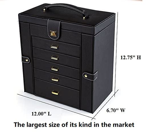 Kendal Extra Large Jewelry Box Jewelry Case PU Leather 6 Tier 5 Drawers Large Storage Capacity with Mirror Jewelry Storage Organizer Great Gift Also Good For Watches LJC-SHD5BK (black)