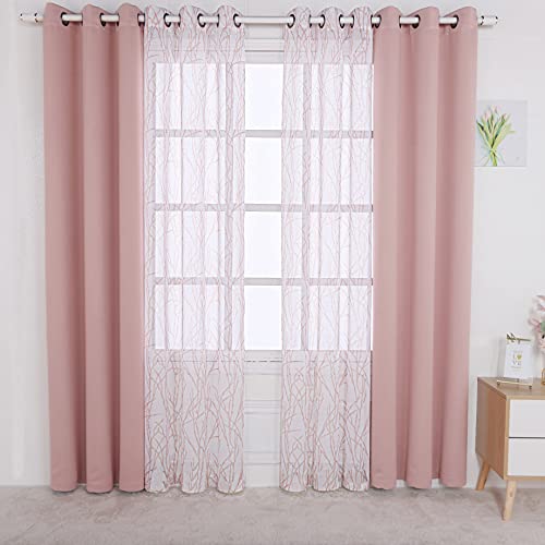 BONZER Mix and Match Curtains - 2 Pieces Branch Print Sheer Curtains and 2 Pieces Blackout Curtains for Bedroom Living Room Grommet Window Drapes, 37x63 Inch/Panel, Blush, Set of 4 Panels