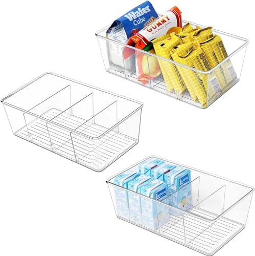 wilfox Pantry Organization, 3 Pack Clear Organizer Bins with Removable Dividers for Pantry, Kitchen, Fridge, Cabinet, Stackable Storage Bins for Snack, Pouches, Spice Packets