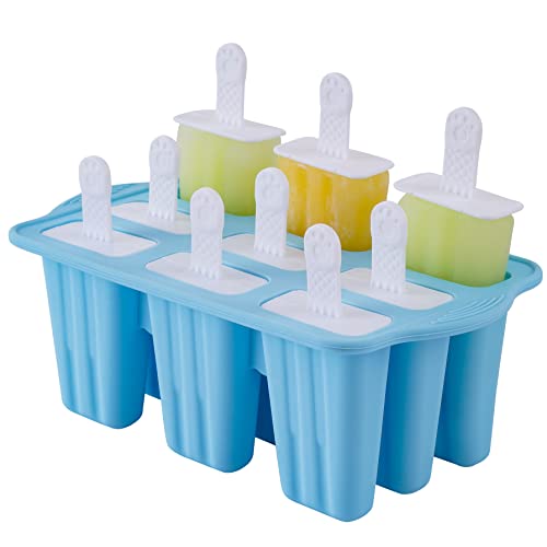 Popsicle Molds, 9 Pieces Silicone Ice Pop Molds Popsicle Mold Silicone BPA Free Reusable Sticks Easy Release Ice Pop Make (Blue, 9 CavitIES)