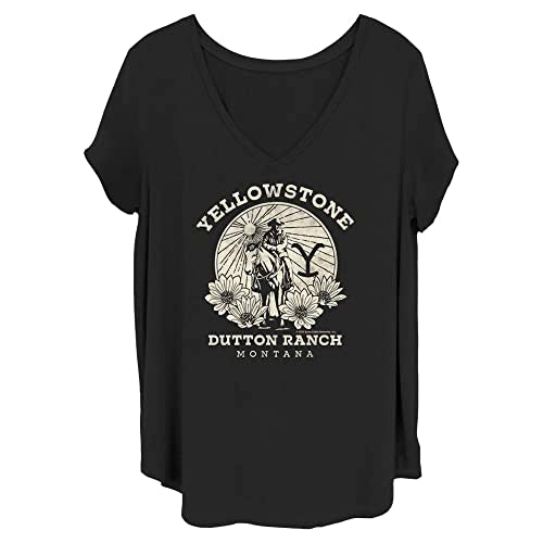 Y Yellowstone Women's Size Junior's Plus V-Neck Tee Shirt, Black/Dutton Ranch, 1X