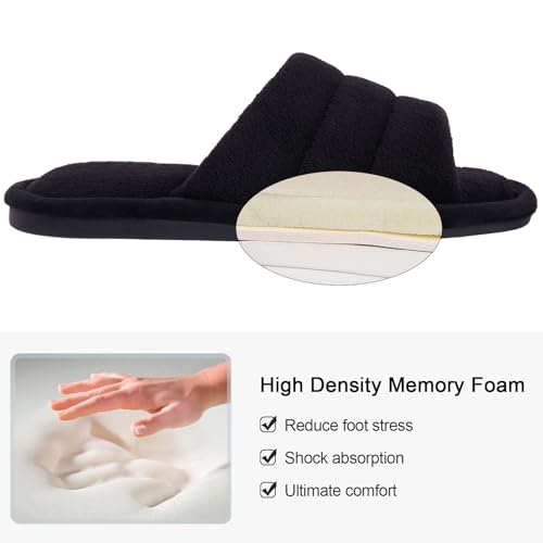 shevalues Terry Cloth Open Toe Slippers for Women Memory Foam Slip On House Slippers, Black 250, 6-7 Women/4.5-5.5 Men