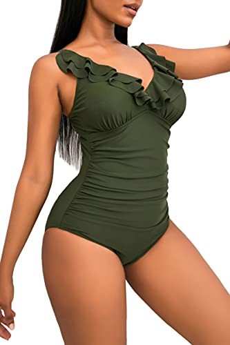 One Piece Swimsuits for Women Tummy Control Vintage Shirred Bikini Swimwear Ruffled High Cut Monokini Bathing Suits Brown S