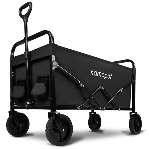 Kamopot Large Collapsible Wagon Foldable for Grocery, Beach, Park, Yard, 34 x 18 Inch Inner Storage. Folding Utility Shopping Cart on Wheels. Heavy Duty, Durable w/Cupholders (Black)